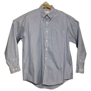 Norm Thompson White & Blue Stripe L/S Ctn Btn Down w/ Pocket Mens Sz 16.5X34/35